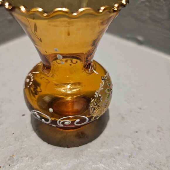 Bohemian Hand Blown Hand Painted Gold Rimmed Amber 3.5" Vase - Picture 2 of 10
